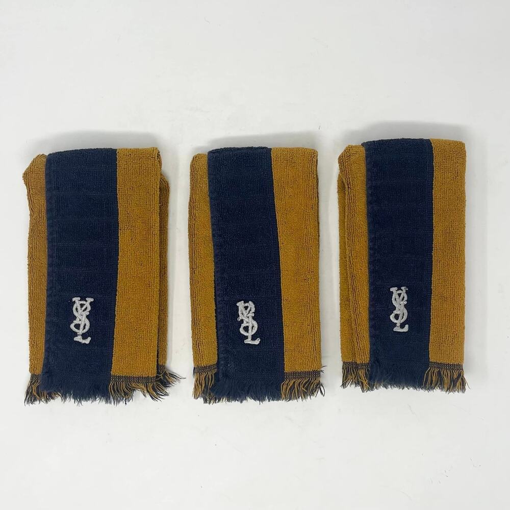 VTG YSL Yves Saint Laurent Fieldcrest Hand Towel Set of 3 Navy Gold Stripe Mono